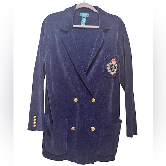Lauren Ralph Lauren Womens Navy Double Breasted Chenille Blazer Wire Crest - Picture 1 of 8